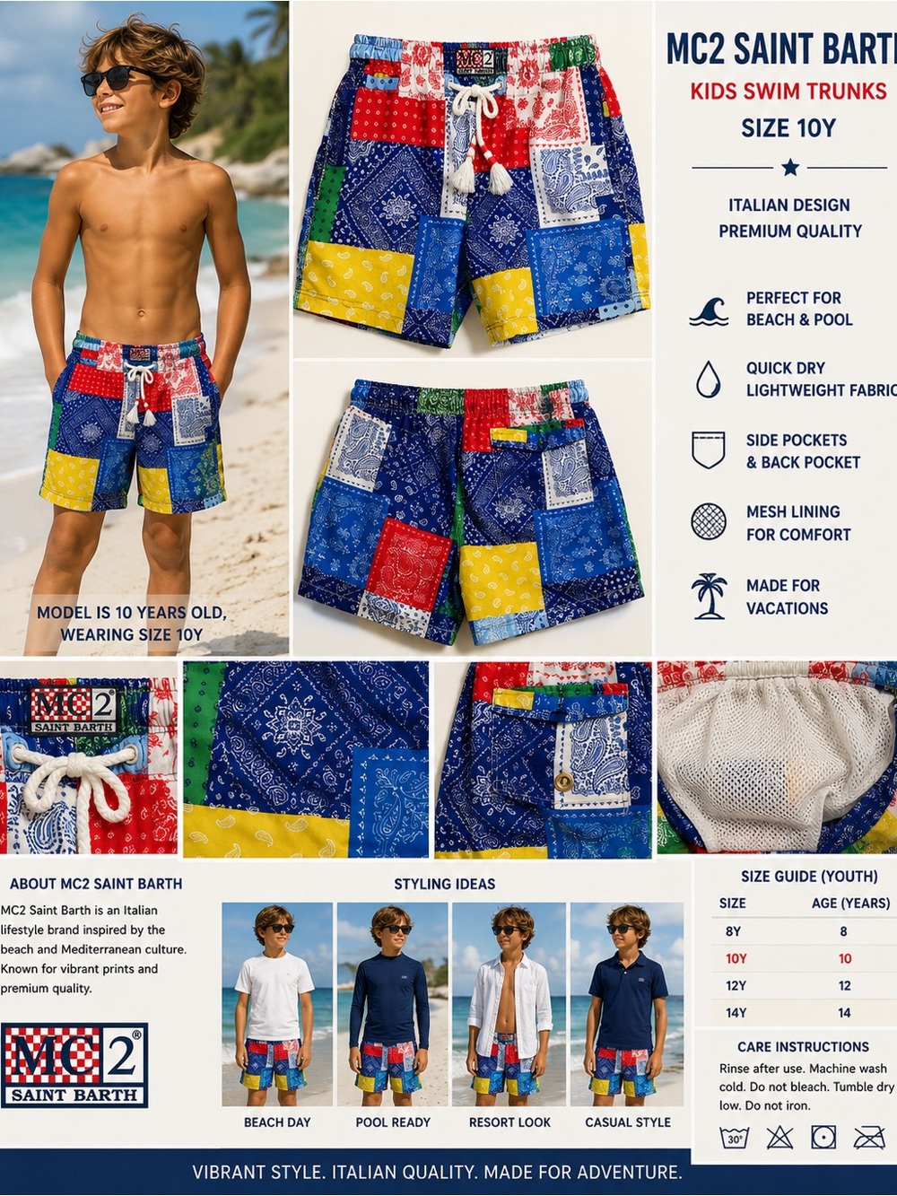 MC2 Saint Barth Kids Patchwork Bandana Swim Trunks Shorts Size 10Y Colorful